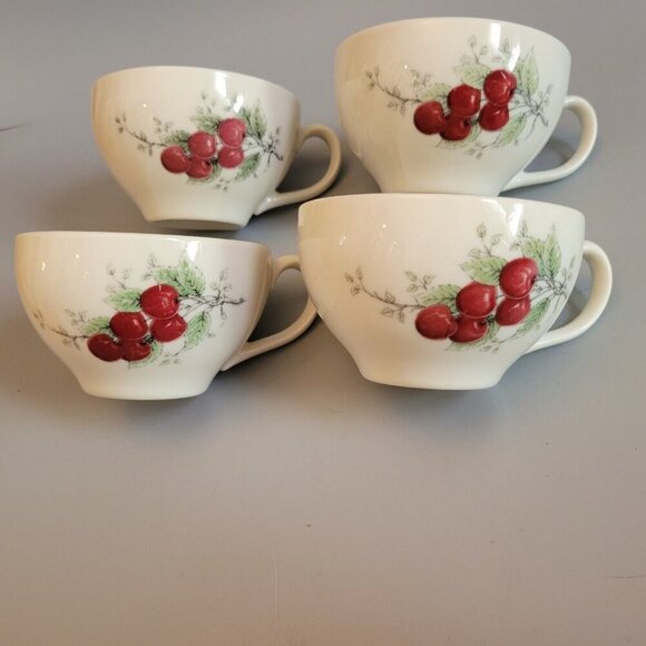 Vintage Syracuse China CAREFREE WAYSIDE RED CHERRIES Teacups ~ Set of 4  ~ - Picture 1 of 7